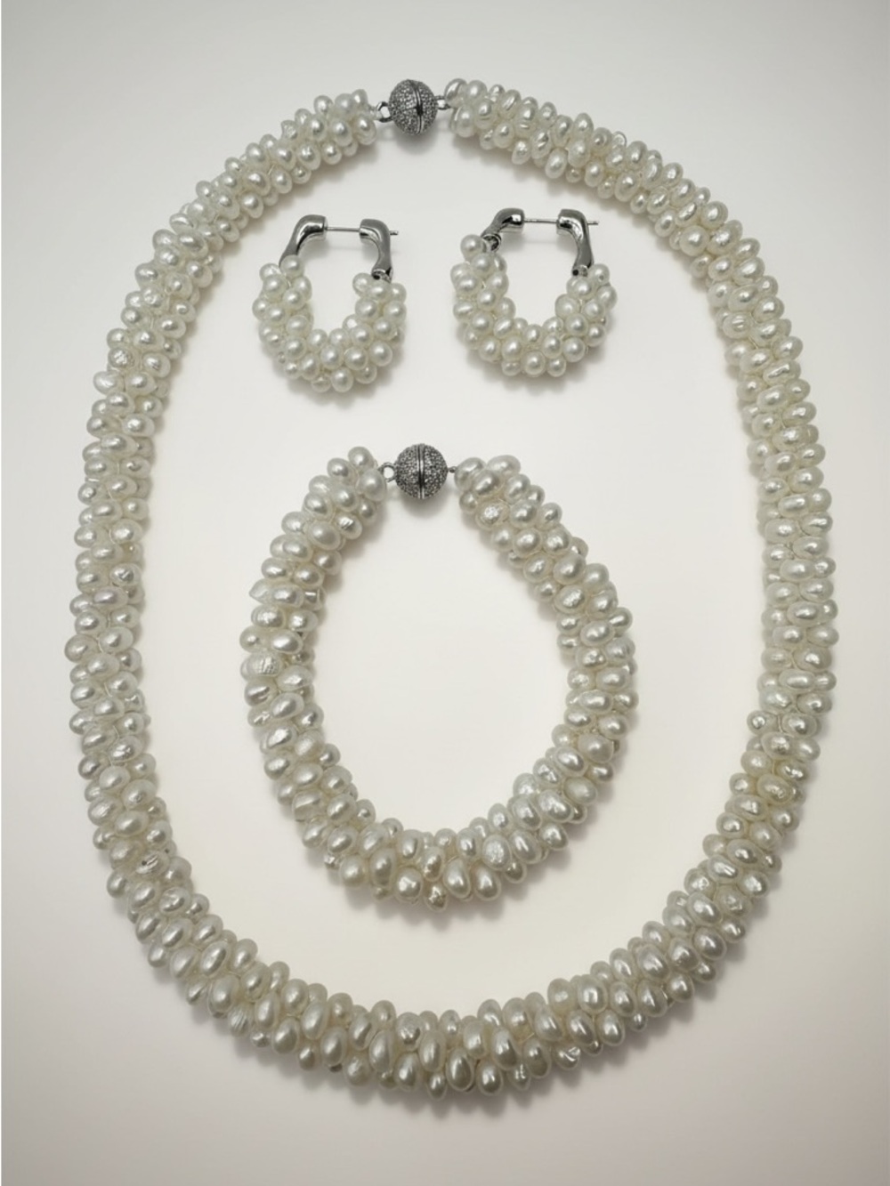 Pearl Cluster Necklace, Bracelet & Hoop Earring Set - White Pearls